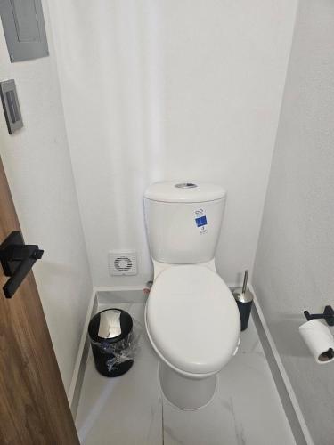 a bathroom with a white toilet in a stall at DAGA House Pool table, pool and air conditioning in Alpuyeca