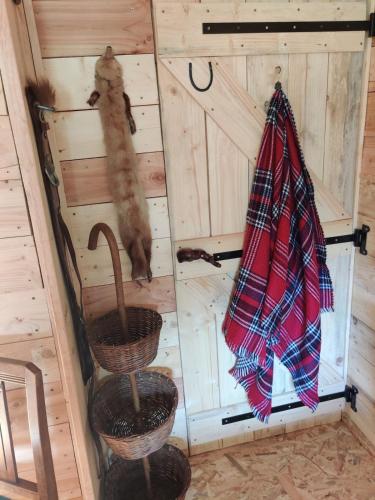 two cats in a wooden cabin with baskets and a towel at La Cabane du Trappeur in La Bourgonce