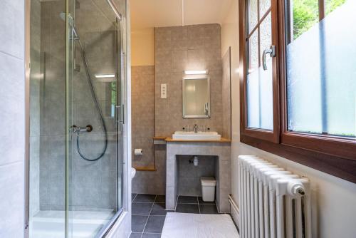 ein Badezimmer mit Dusche und Waschbecken in der Unterkunft Auberge Les Myrtilles in Couflens