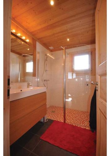 une salle de bain avec une douche, un lavabo et une baignoire dans l'établissement Grand Chalet au Praz de Lys, à Taninges