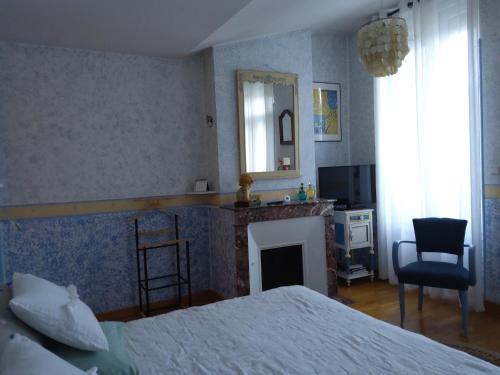 een slaapkamer met een bed, een open haard en een spiegel bij Chambre La Petite Pause - Bordeaux in Bordeaux