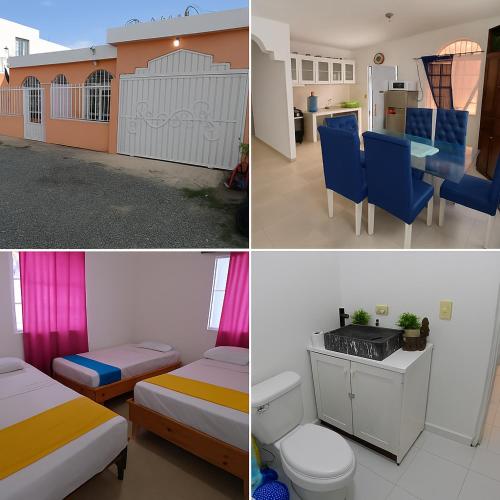 three pictures of a room with a bed and a kitchen at Villa Privada con Piscina a Minutos del Aeropuerto de Santo Domingo in Boca Chica