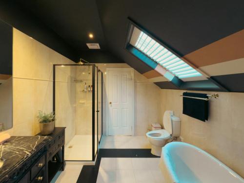 un bagno con doccia, WC e lavandino di Pudding's Home Puffing Billy Dandenong Mountain View Retreat a Upwey