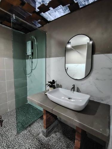 a bathroom with a sink and a mirror at Api-api Eco Chalet in Pantai Kok
