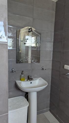 a bathroom with a white sink and a mirror at Mitaly Apartamentos 111 in Santo Domingo