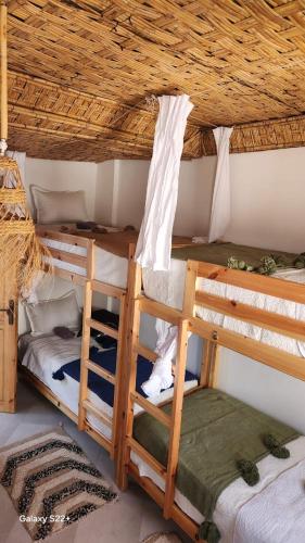 two bunk beds in a room with a ceiling at Rock Surf Hostel Taghazout in Taghazout