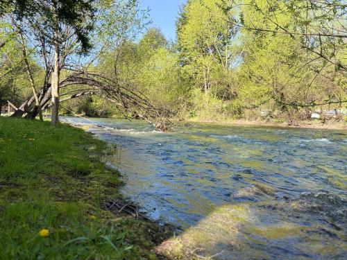 un fiume con un ponte sopra e alcuni alberi di CABAÑAS AILIN-CO a El Bolsón