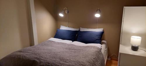 een slaapkamer met een bed met blauwe en witte kussens bij Great apartment with extreme views in Tromsø