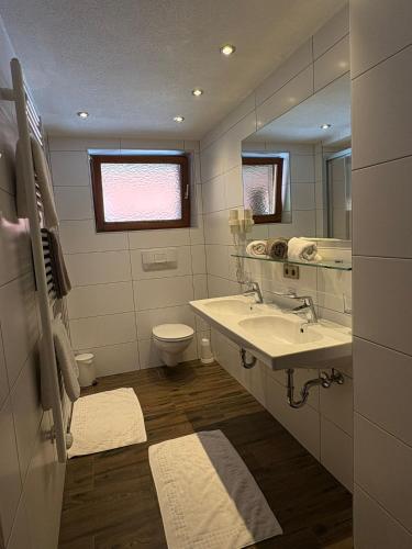 a bathroom with a sink and a toilet and a mirror at Apart Bergland in Kaunertal
