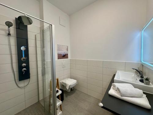ein Badezimmer mit Dusche, Toilette und Waschbecken in der Unterkunft Haus Concordia 2 Möwennest in Thiessow