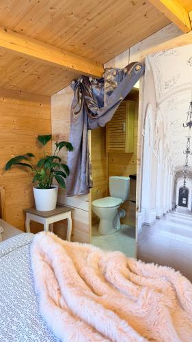 a bedroom with a bed and a toilet in a room at Chalet avec salle d'eau in Chavagne