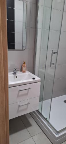 a white bathroom with a sink and a shower at Apartament Sobieskiego 2, bezpłatny parking in Świebodzin