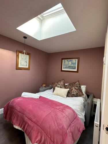 a bedroom with a large bed and a skylight at The riverside place in Newry