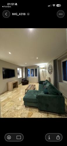 salon z zieloną kanapą i telewizorem w obiekcie Maison ou chambres a louer place de L'Esplan w mieście Saint-Paul-Trois-Châteaux