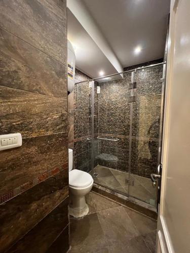 une salle de bain avec toilettes et douche en verre dans l'établissement شيراتون للخدمات الفندقيه الفاخره, au Caire