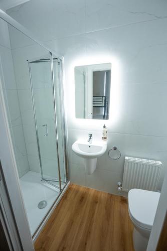 a white bathroom with a shower and a sink at Éalú Lodge in Sligo