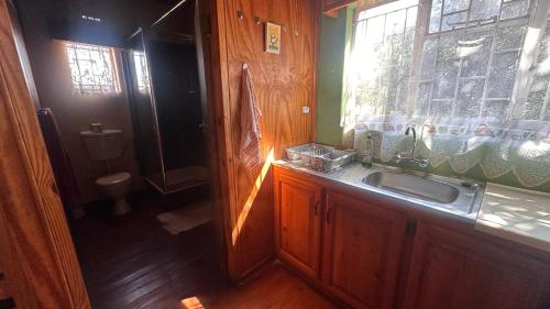 um banheiro com uma pia, um vaso sanitário e uma janela em Sabie Gypsy's Backpackers em Sabie
