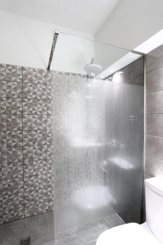 a bathroom with a glass shower with a toilet at Harmonia in Athens