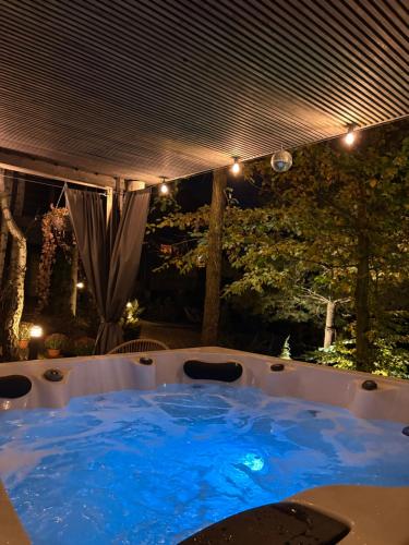 a hot tub with blue water in a backyard at Mucharskie Stodoły Stodoła I - Garden Spa in Jaszczurowa