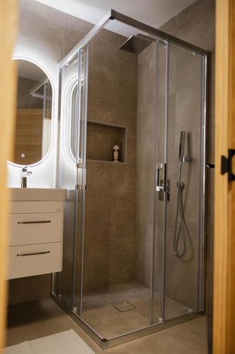 a shower with a glass door in a bathroom at Una Lux Apartment in Sombor