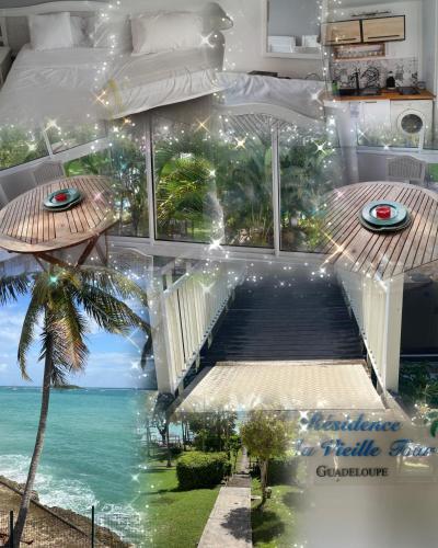 une chambre avec un lit et une vue sur l'océan dans l'établissement Résidence Vieille tour beach front senior access, au Gosier