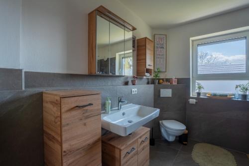 a bathroom with a sink and a toilet and a mirror at Ammersee-Nest Dießen in Dießen am Ammersee