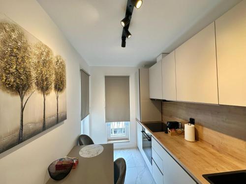 Una cocina con gabinetes blancos y una mesa con sillas. en Aurora Premium Cosmopolis, en Tunarii