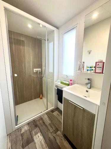 a bathroom with a shower and a sink at Mobile Home Camping Paradis in Trédrez
