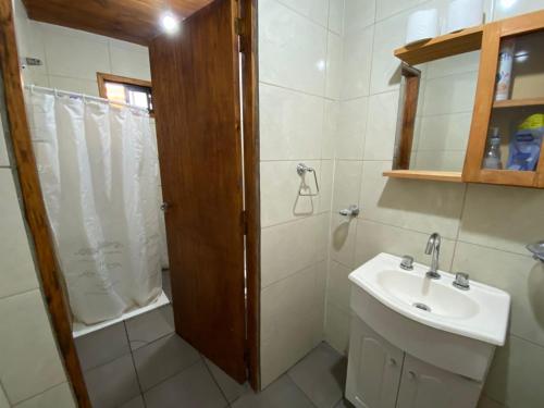 巴沙马拉尔Cabaña chapadmalal Nuestro rancho的带水槽、淋浴和马桶的浴室
