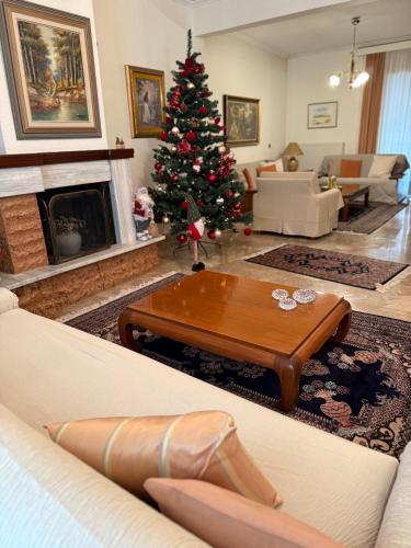 a living room with a christmas tree and a couch at Urban Elegance - Trikala in Tríkala