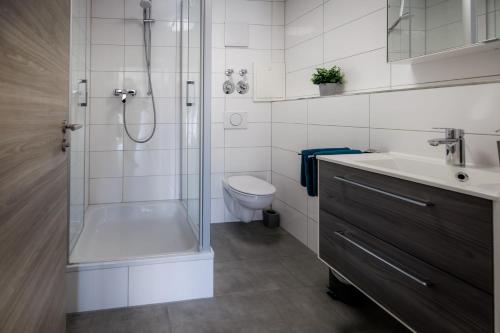 ein Badezimmer mit Dusche, Toilette und Waschbecken in der Unterkunft Stylishes Premium Apartment in Sinsheim