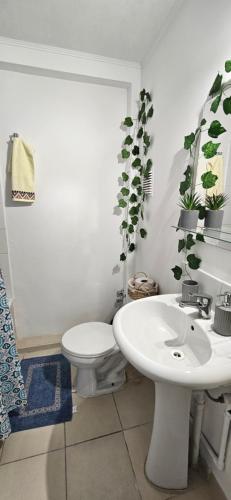 a white bathroom with a toilet and a sink at Departamento Familiar a 5 min centro in Rancagua