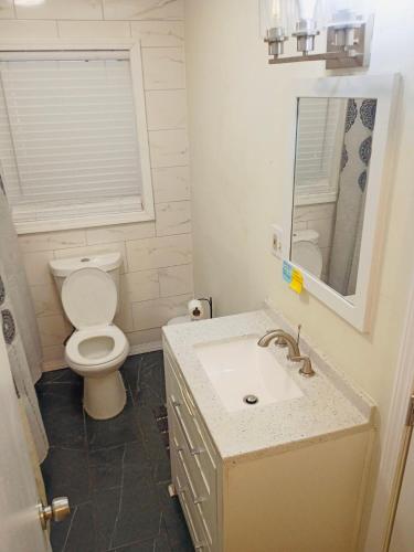a bathroom with a white toilet and a sink at McAfee Room 2 in Decatur