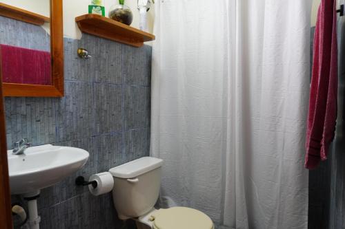 ein Badezimmer mit einer weißen Toilette und einem Waschbecken in der Unterkunft Shark House in Bellavista