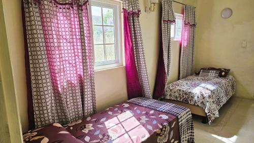 a room with two beds and a window with pink curtains at Island Nest Apartment in Willemstad