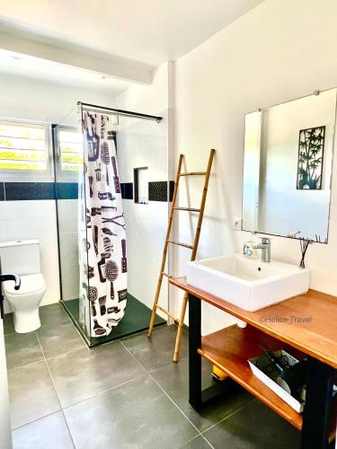 a bathroom with a sink and a mirror at Villa Anj'any DESHAIES - 400 m à pied de la plage de Grande Anse in Deshaies