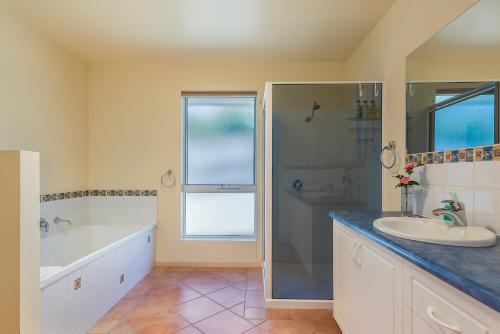 霍巴特Isle of Views 2km to MONA的带浴缸、水槽和淋浴的浴室