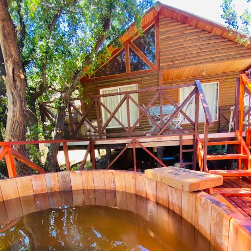 a tree house with a pond in front of it at Lamoni - Cabañas con Hot Tub ilimitado y bajada al Río in Guayacán