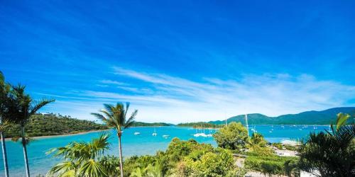 a view of a beach with palm trees and boats at Baybliss Escape #3 - Adults Only in Shute Harbour