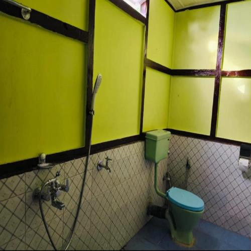 a bathroom with a blue toilet in a stall at Wanderlust Homestay By StayApart in Kalimpong
