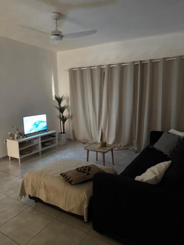 Una sala de estar con un sofá y un televisor en Charmant appartement, en Kani Keli