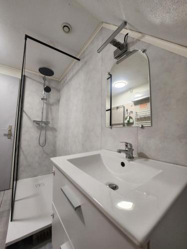 une salle de bain blanche avec lavabo et douche dans l'établissement Gîte du logelbach, à Wintzenheim