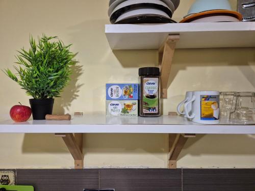 een plank met etenswaren en een plant erop bij Private stay place in Sofia