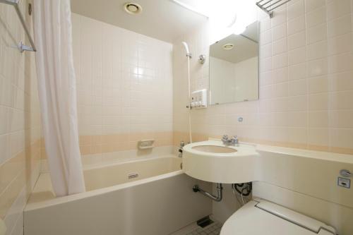 uma casa de banho com um lavatório, um WC e um espelho. em Ise City Hotel em Ise