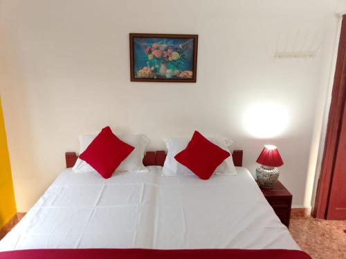 AguadaAlexmarie Guest house 5 min to candolim Beach的卧室内的白色床和红色枕头