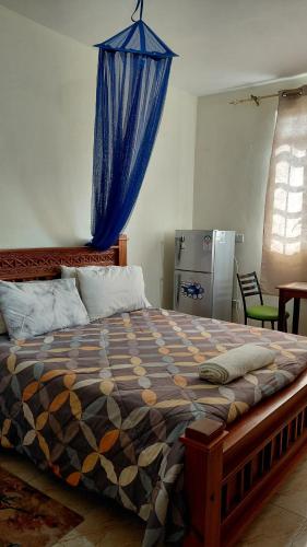 a bedroom with a large bed with a blue curtain at IL Ladrone in Ruiru