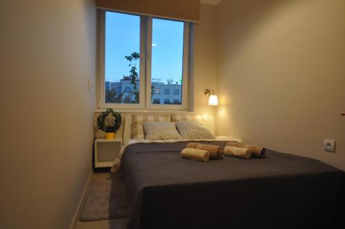 ワルシャワにあるArkadia Placeのベッドルーム1室(枕2つ、窓付)