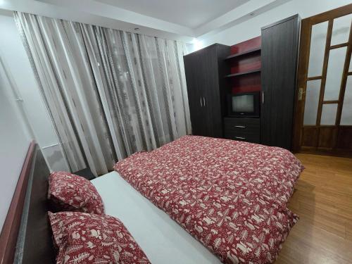 a bedroom with a bed and a tv in it at AARON Apartament in Craiova