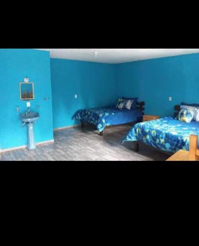 Un dormitorio azul con dos camas y un lavabo. en Hotel Sierra Encantada, en Cuernavaca