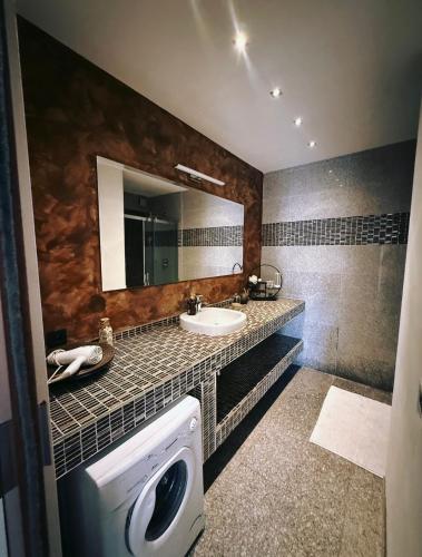 a bathroom with a sink and a washing machine at Koliba 222 in Bratislava